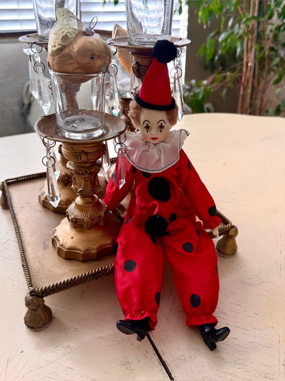 Vintage Style porcelain & Fabric Clown Doll 14 in Red/Black Polka Dot Outfit Hat
